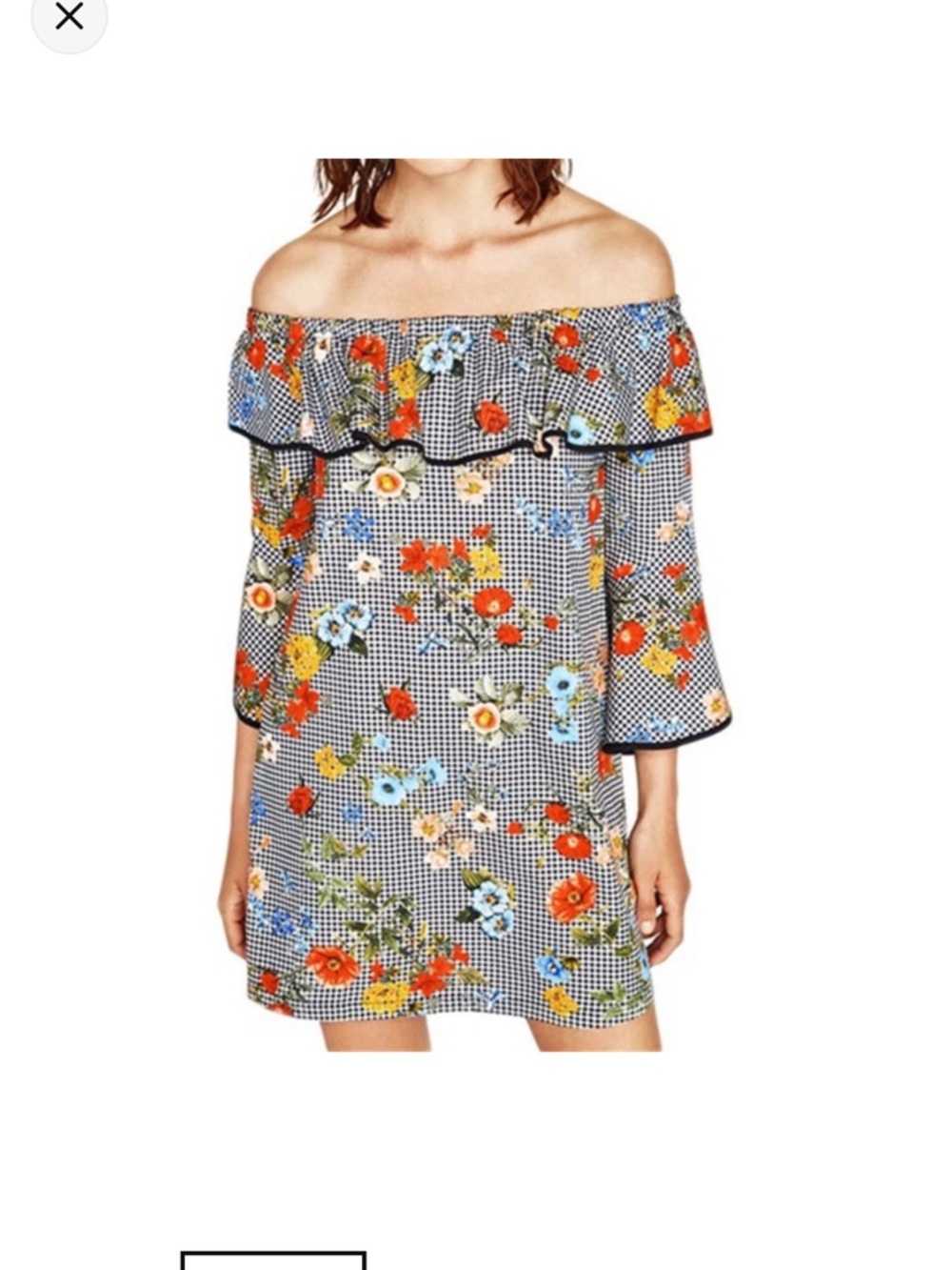 Zara Black-and-White Gingham Off-Shoulder Mini with Multicolor Floral
